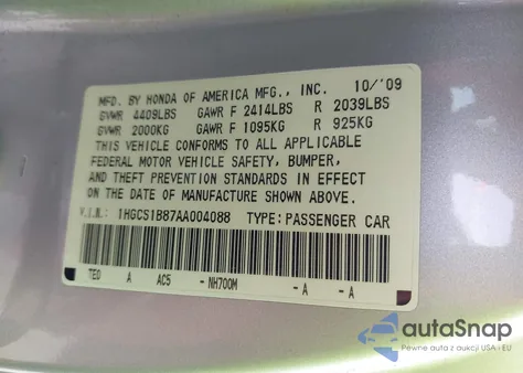 2010 Honda Accord 2.4 Ex-L from USA, damaged, VIN 1HGCS1B87AA004088